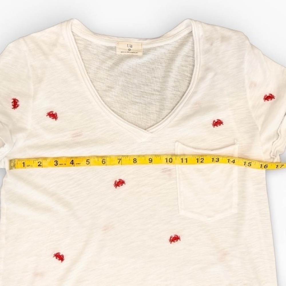 t.la Anthropologie Embroidered Crab V-Neck Pocket T-Shirt XXS Slub Knit - Picture 5 of 8